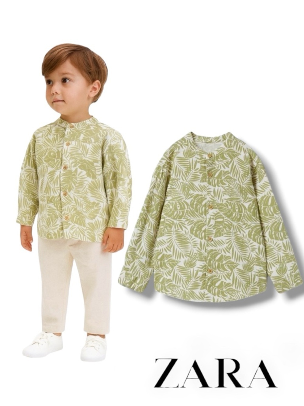 ZARA Kids Khaki PALMS PRINTED SHIRT NWT Size 2-3 years